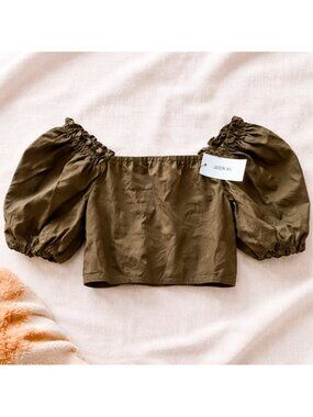 Jason Wu Olive Green Off-Shoulder Puff Sleeve Crop Top Size S